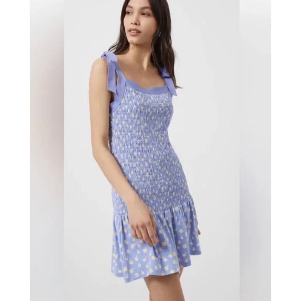 French Connection Dress XL Blue Floral Tiered Mini Doria Peony Bow Coquette